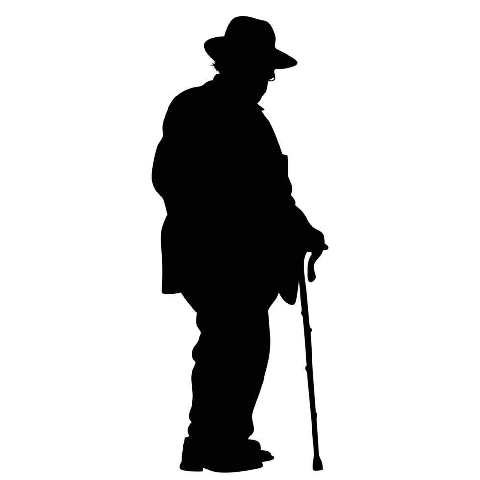 Silhouette Of Elderly Man With Walking Stick Wearing Hat And Coat Isolated vector