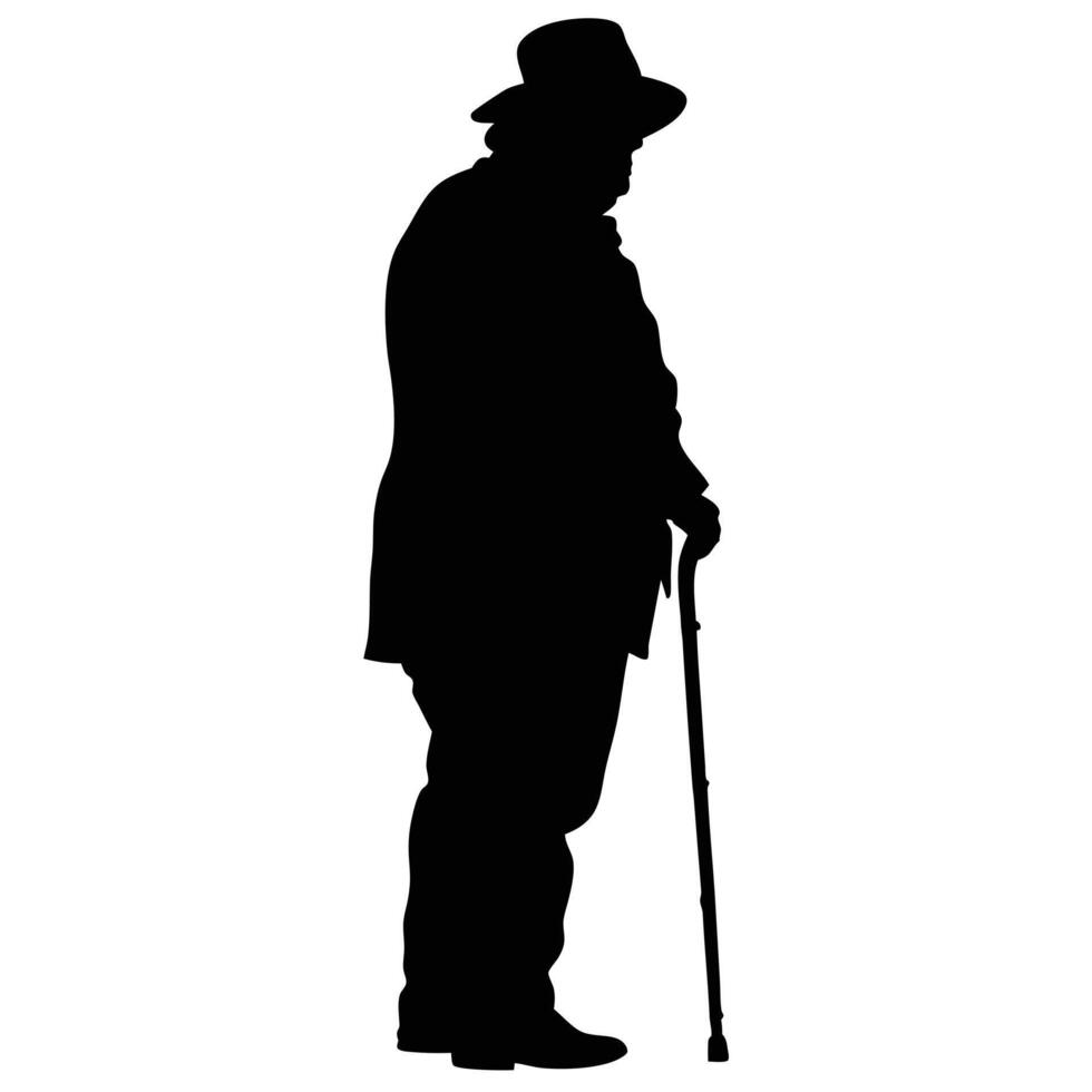 Silhouette Of An Elderly Man With A Cane In A Hat Standing Sideways vector