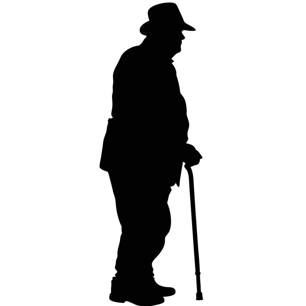 Silhouette Of Old Man With Cane And Hat Isolated On White Background vector