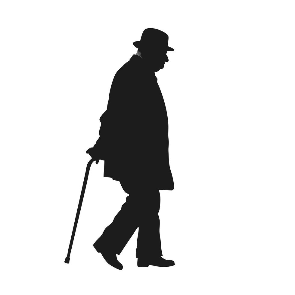 Silhouette Illustration Of Elderly Man Walking With Cane On White Background vector