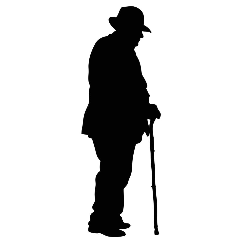 Silhouette Of Elderly Man With Walking Cane And Hat Image vector