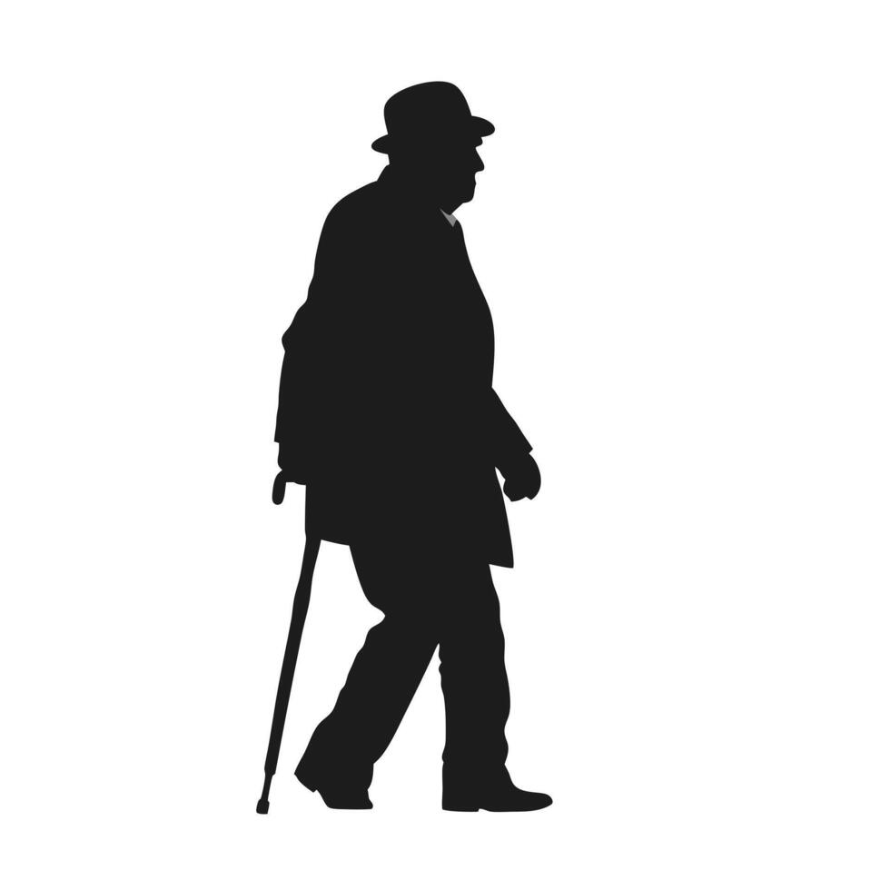 Silhouette Of Elderly Man Walking With Cane Wearing Coat And Hat Illustration vector