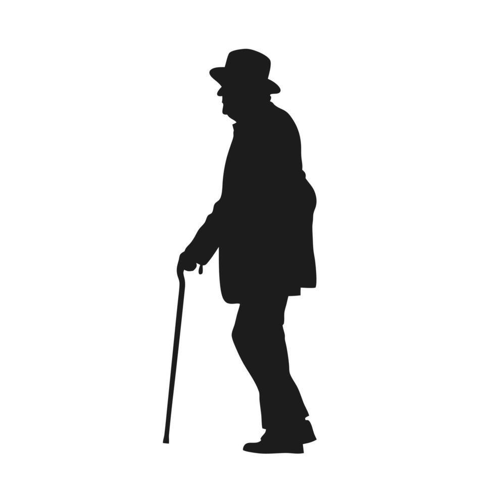 Silhouette Of An Elderly Man Walking With A Cane On White Background vector