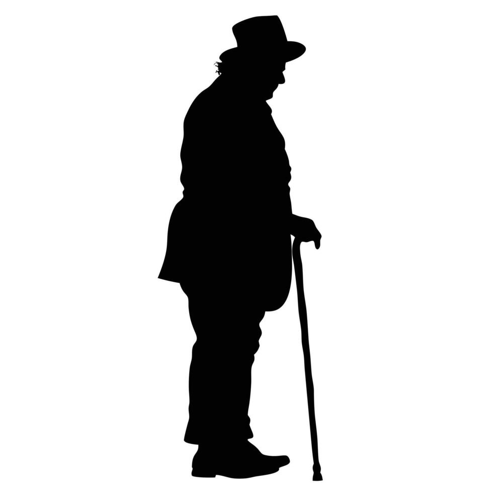 Silhouette Of An Elderly Man In Hat Walking With Cane Simple Isolated vector