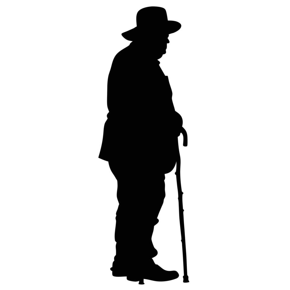 Silhouette Of An Old Man With Cane Wearing A Hat Standing Sideways vector