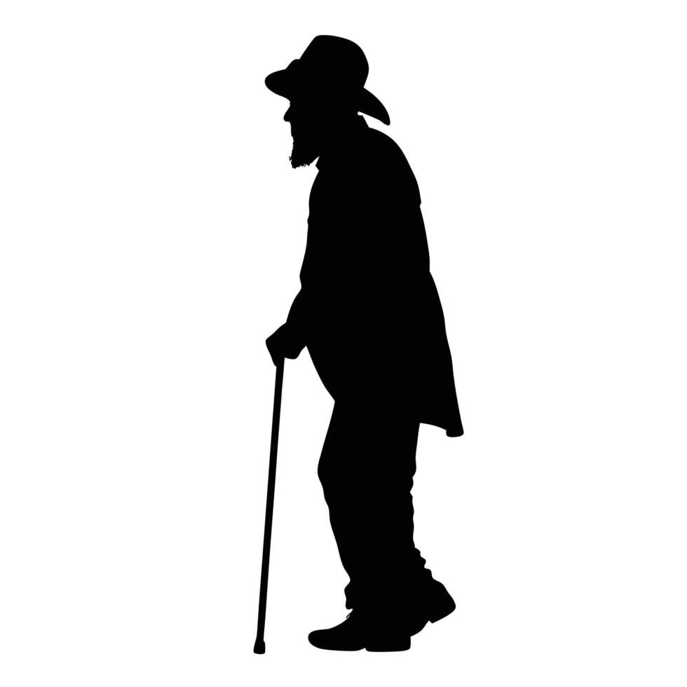 Silhouette Of Elderly Man Walking With Cane Wearing A Hat vector