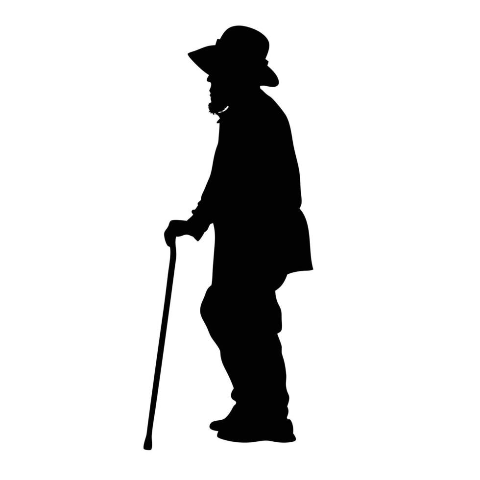 Silhouette Of An Elderly Man With A Cane And Hat Walking In Profile vector