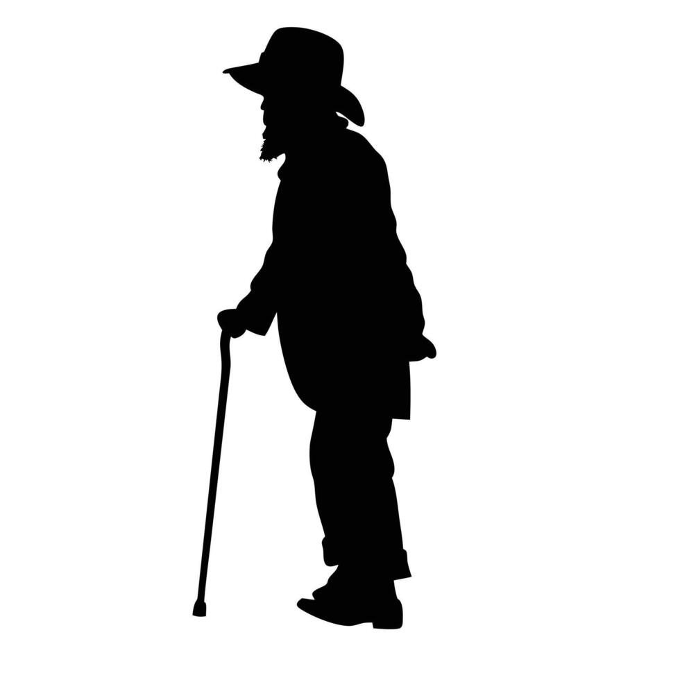 Silhouette Of A Senior Man With A Cane In Formal Attire And Hat vector