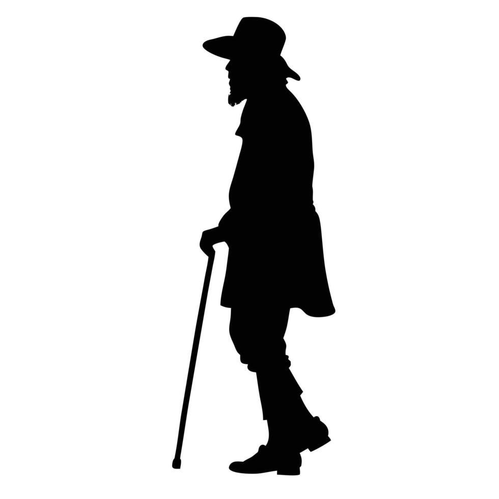 Old Man Silhouette Walking With Cane Full Body In Black And White vector