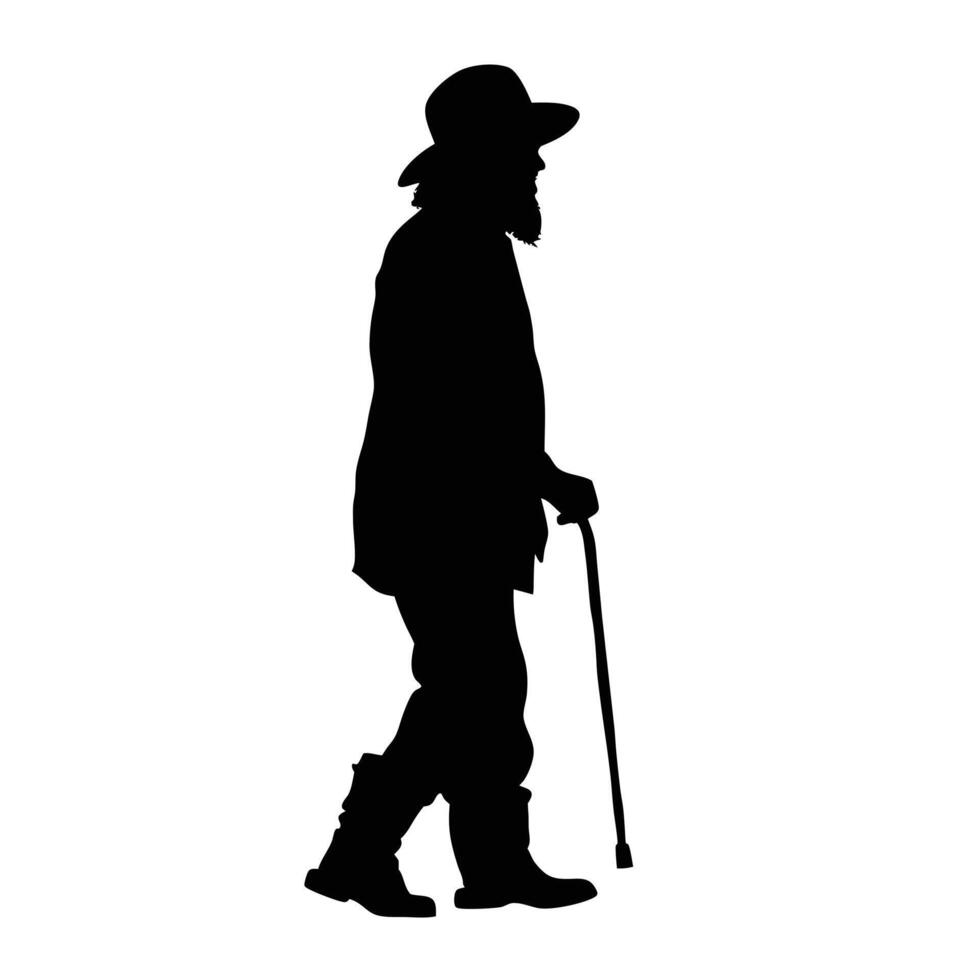 Silhouette Of Old Man Walking With Cane Full Body Black And White vector