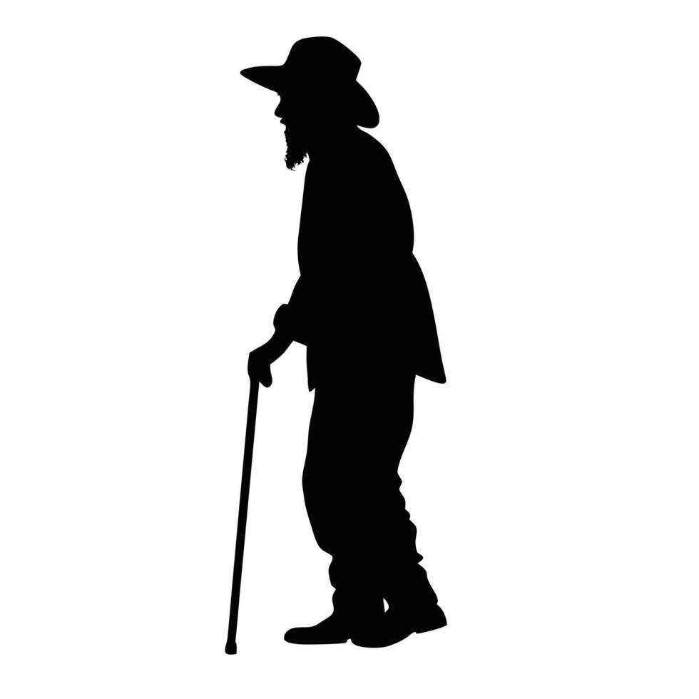 Silhouette Of Old Man With Beard Hat And Cane Walking Slowly vector