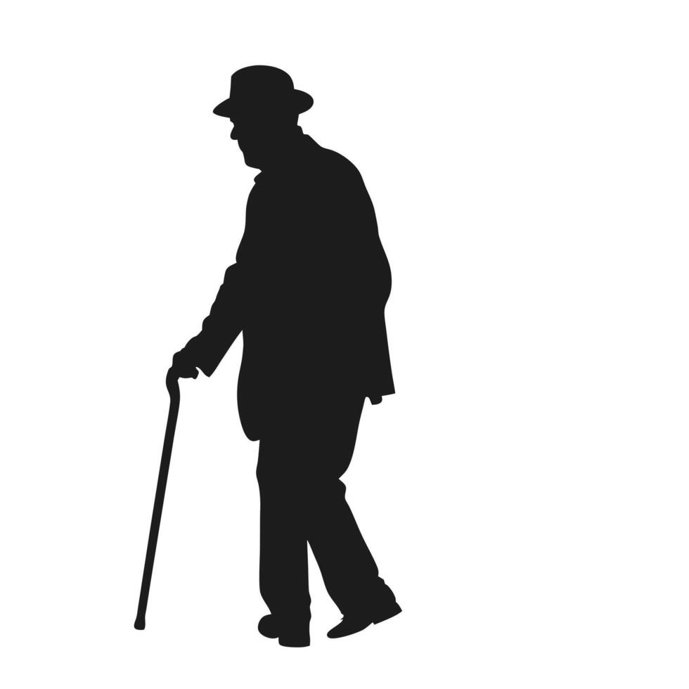 Silhouette Of An Elderly Man With Hat And Cane Walking Isolated vector