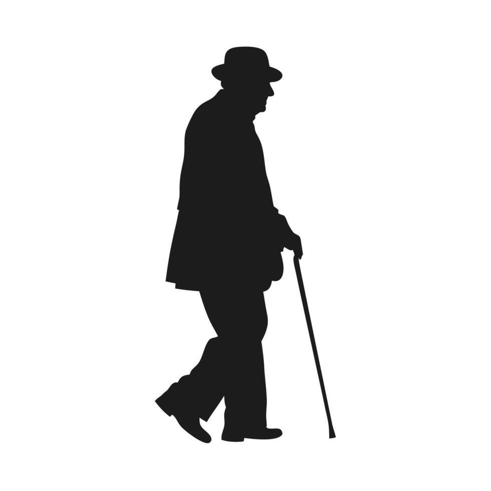 Silhouette Of Senior Man Walking With Cane Symbol Of Age And Wisdom vector