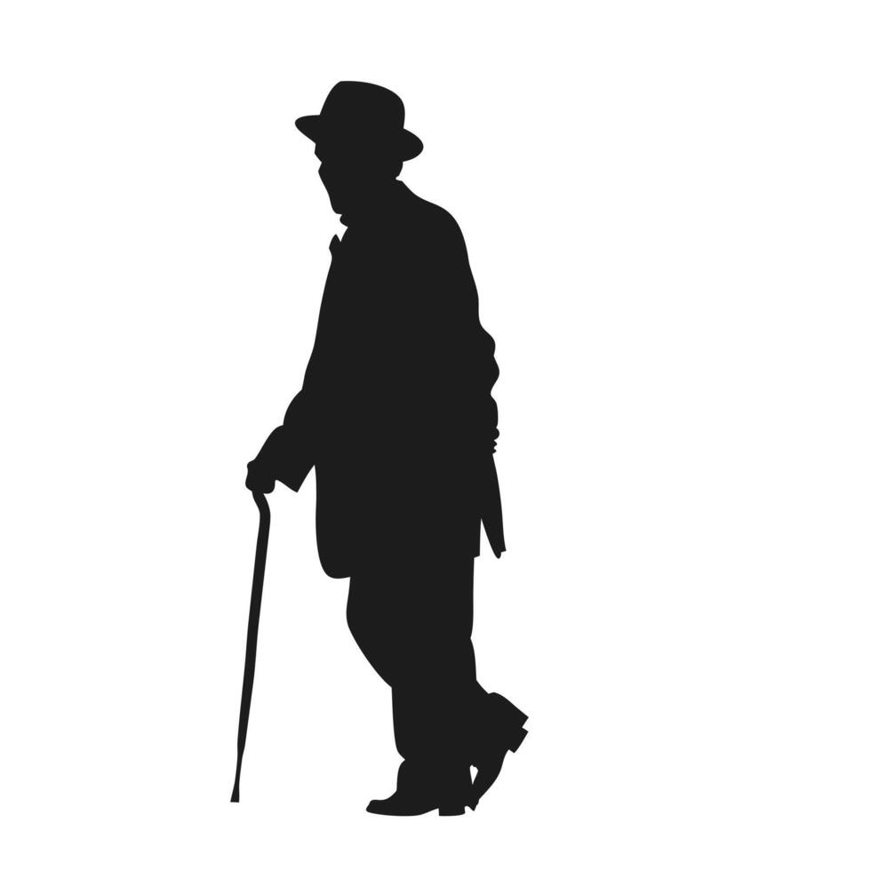 Man Silhouette Walking With Cane Classic Formal Attire Old Age Concept vector
