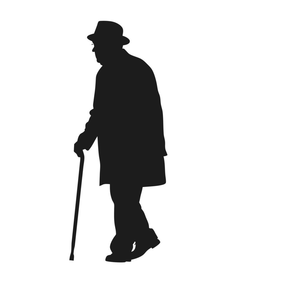Silhouette Of Senior Man Walking With Cane Wearing Hat And Coat vector