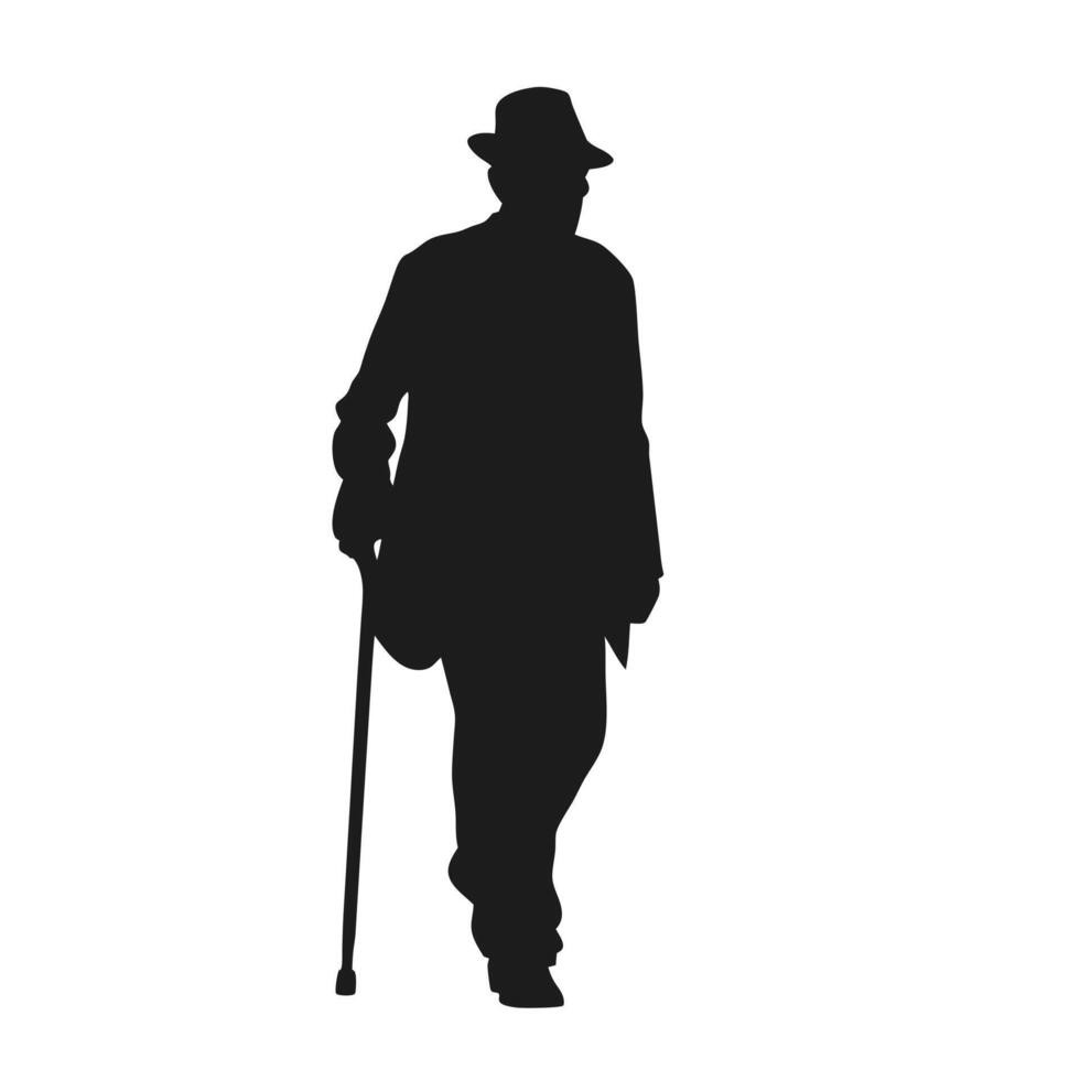 Silhouette Of An Elderly Man Walking With Cane On White Background vector