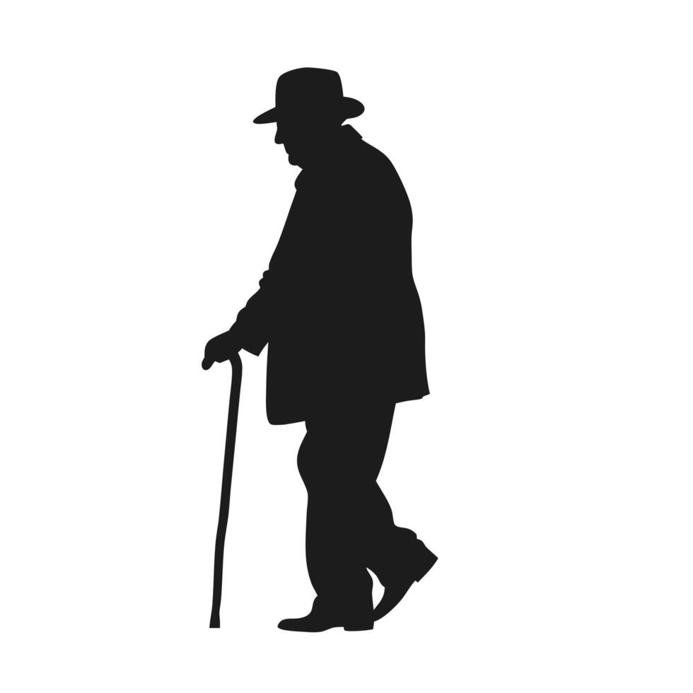 Senior Man Silhouette Walking With Cane And Hat In Monochrome Style vector