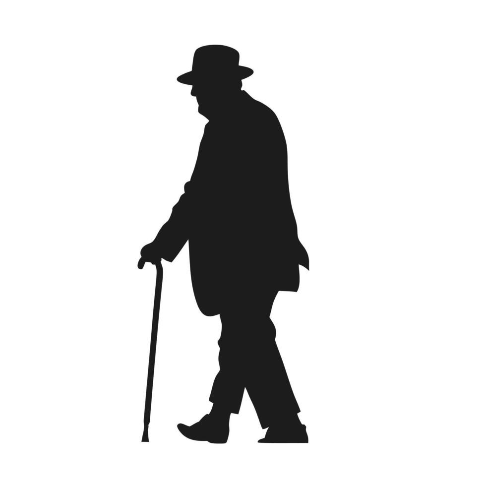 Elderly Gentleman Silhouette Walking With Cane In Suit And Hat On White vector