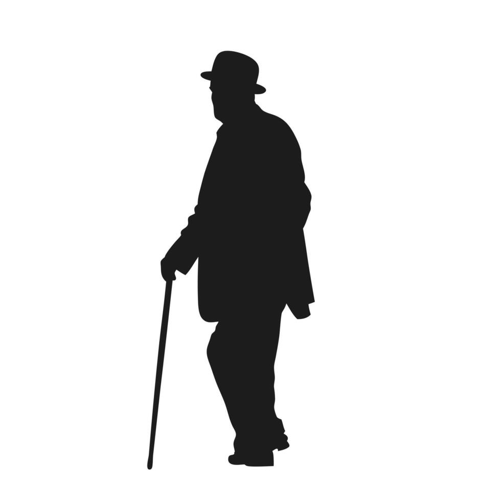 Elegant Senior Man Silhouette With Cane In Classic Suit And Hat vector