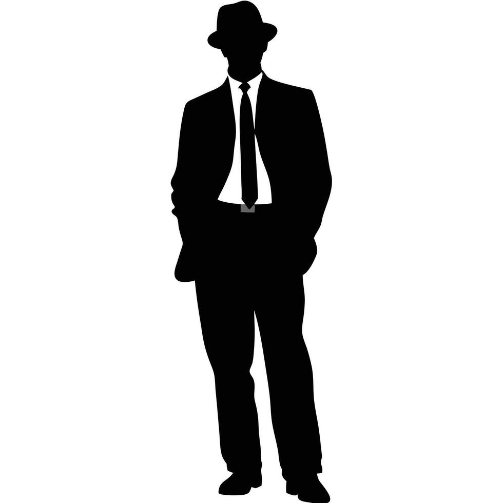 Silhouette Of Elegant Man In Suit And Hat Stands Confidently Style Icon vector