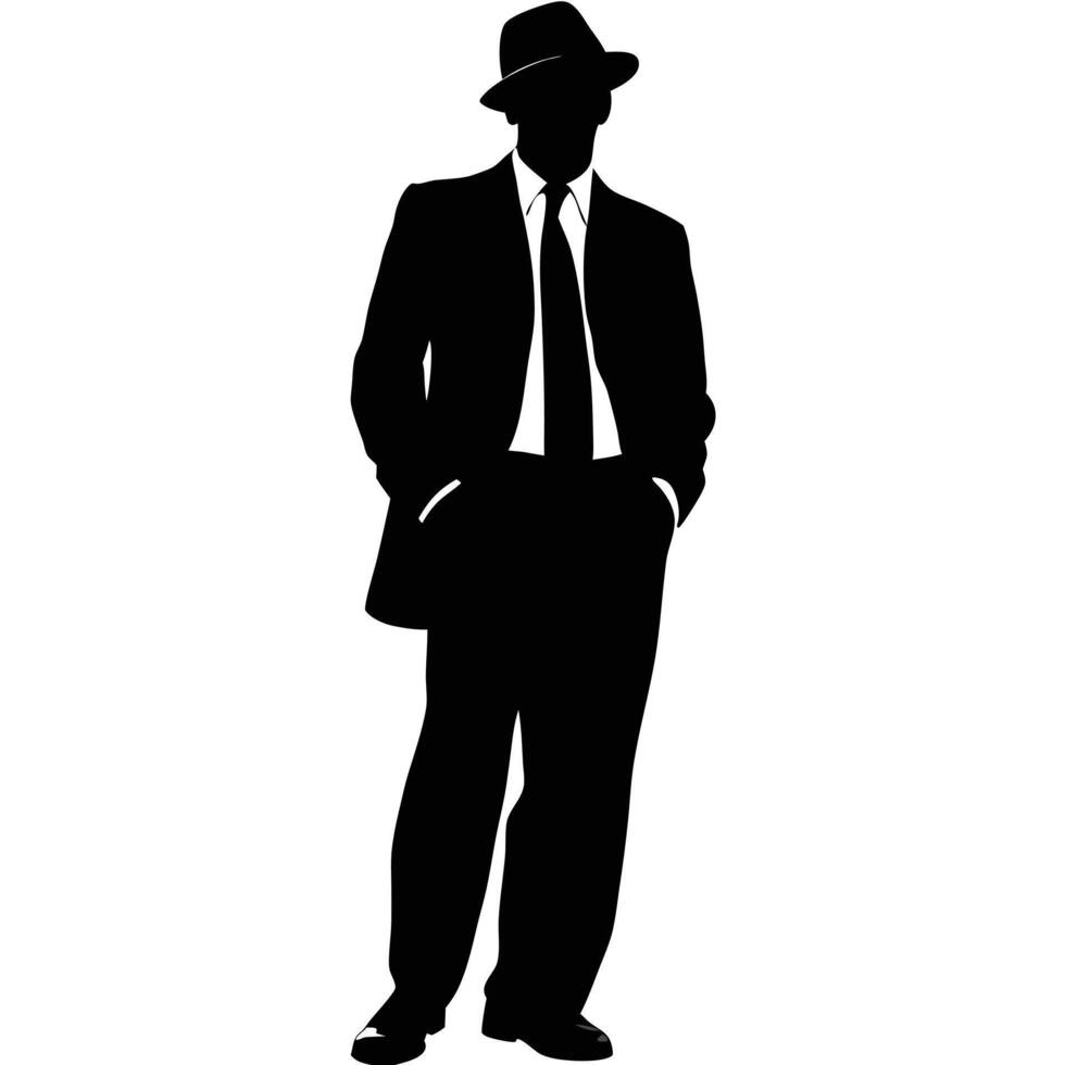 Silhouette Of Elegant Man Wearing Suit And Hat Illustration Graphic vector