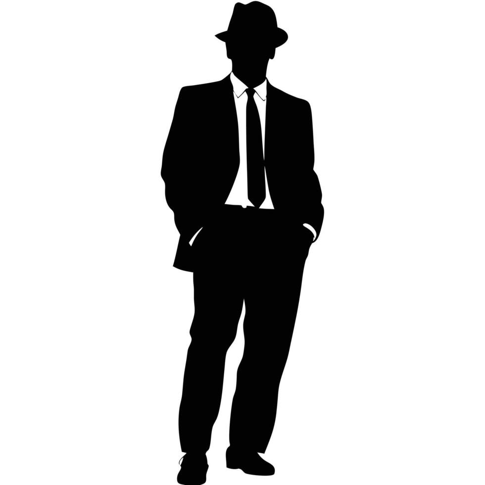 Stylish Man Silhouette Standing With Hands In Pockets Wearing Hat And Suit vector