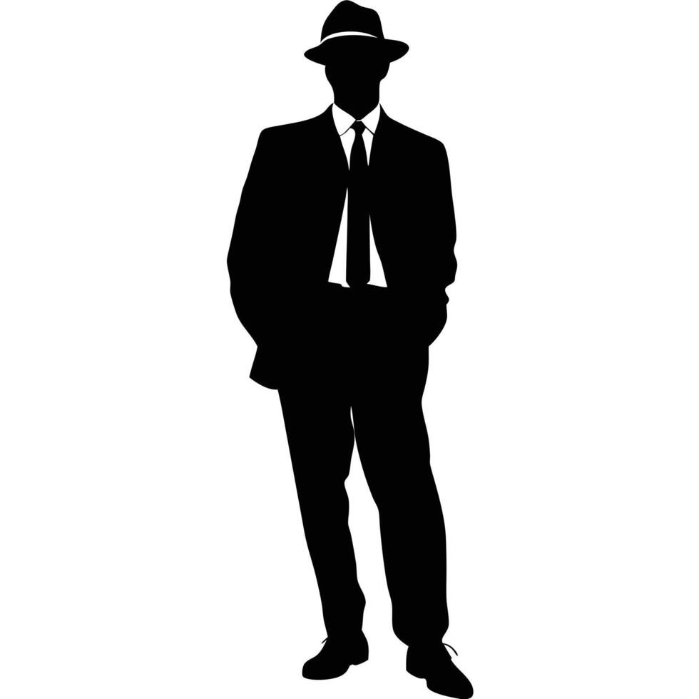 Silhouette Of Stylish Man Wearing Suit And Hat Isolated On White Background vector