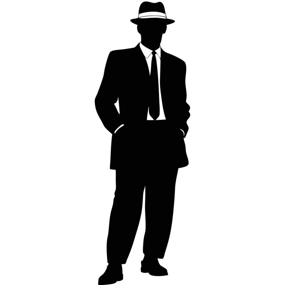 Silhouette Of A Stylish Man In A Suit And Fedora Hat Standing Confidently vector