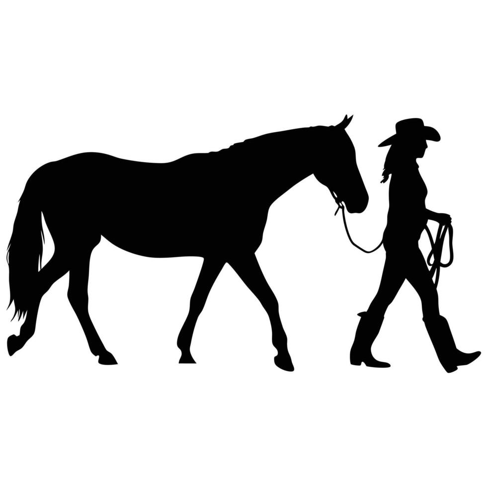 Silhouette Of A Cowgirl Walking A Horse Isolated On A White Background vector