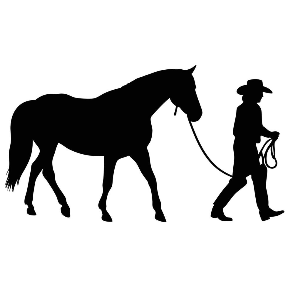 Silhouette Of Cowboy Walking With Horse On White Background Graphic vector