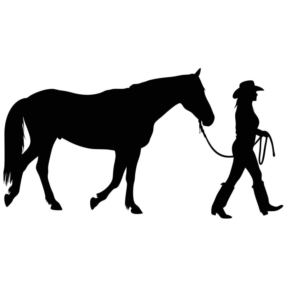 Cowgirl Leads Horse Silhouette Graphic Illustration Western Lifestyle Design Element vector