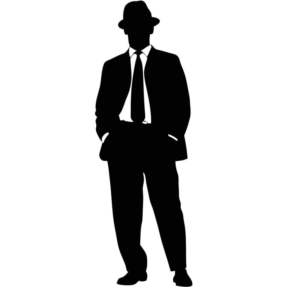 Silhouette Of Stylish Man In Suit And Hat Standing Hands In Pockets vector