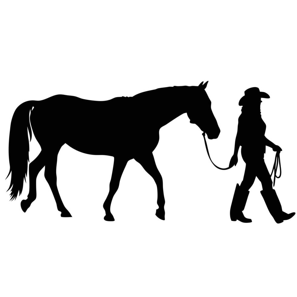 Black Silhouette Of A Cowgirl Walking A Horse On White Background vector