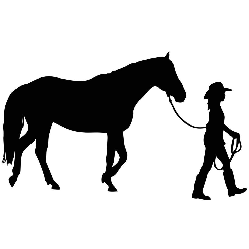Silhouette Of A Cowgirl Walking A Horse Equestrian Lifestyle And Animal Companion vector