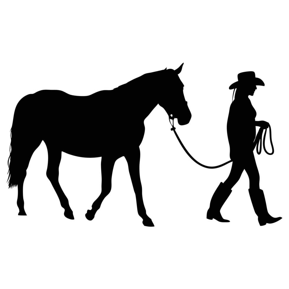 Cowgirl Walking Horse Silhouette Illustration Equestrian Lifestyle Black And White Graphic vector