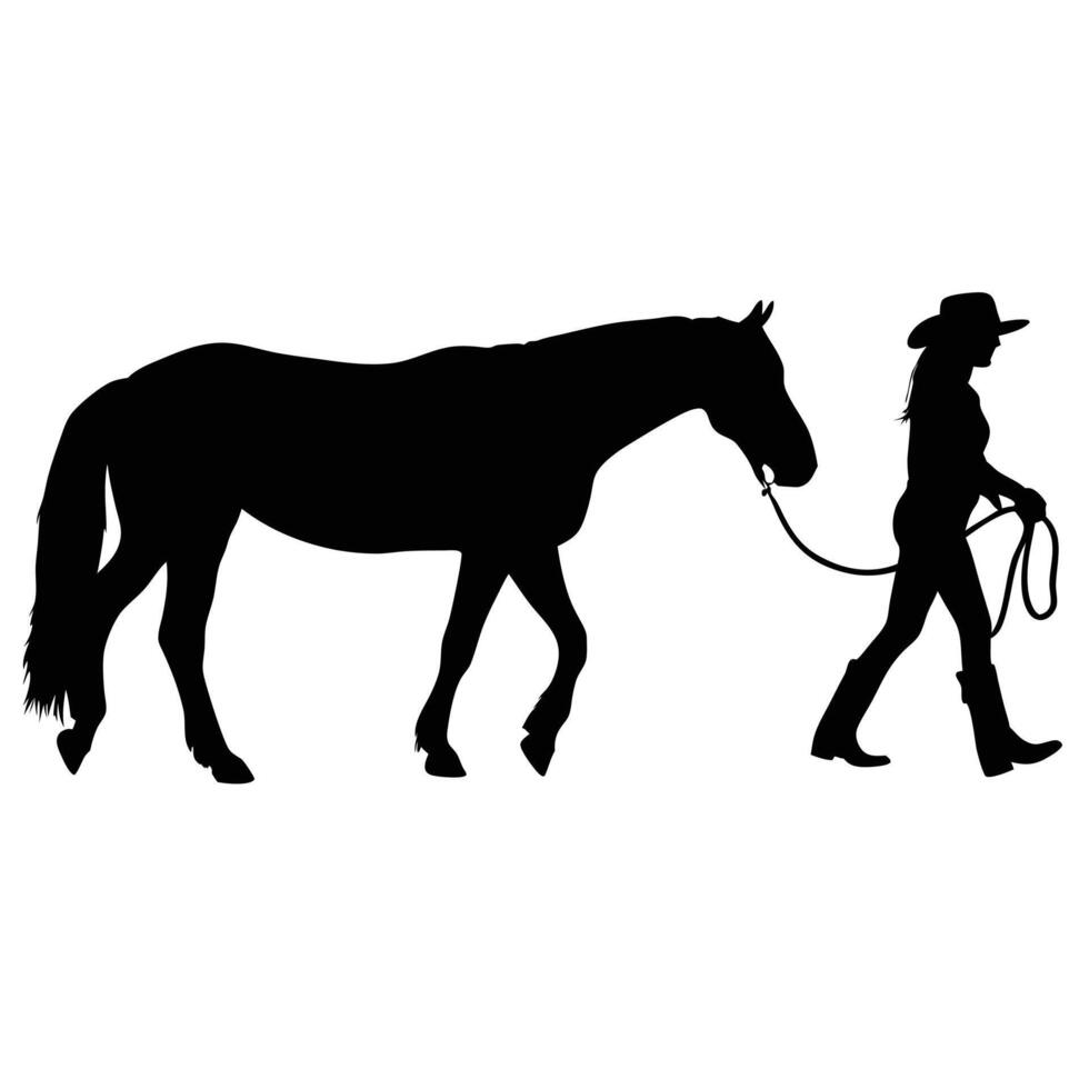 Woman In Cowboy Hat Walking With Horse Silhouette Illustration Isolated vector