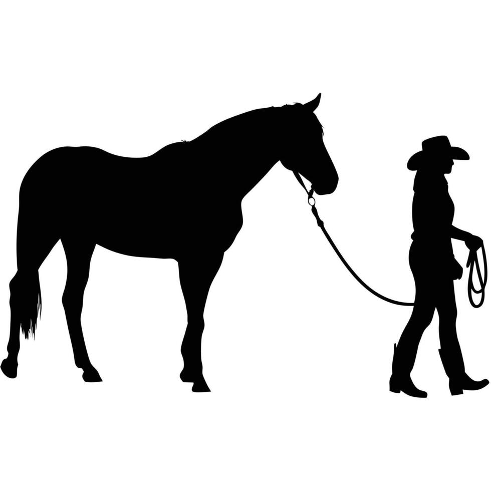 Silhouette Of Cowgirl Walking Horse Western Lifestyle And Rural Charm vector