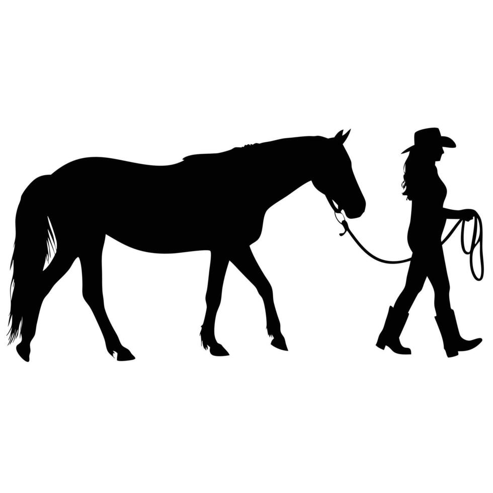Silhouette Of Horse And Cowgirl Walking Equestrian Lifestyle Minimalist Graphic vector
