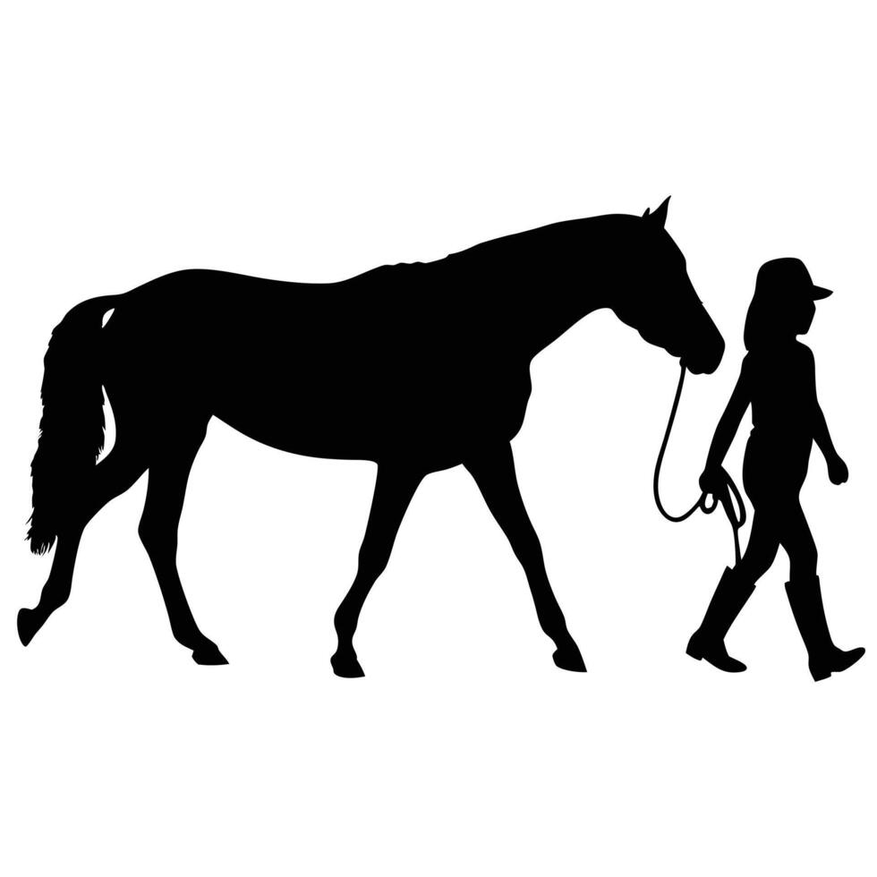 Horse And Girl Silhouette Walking Equestrian Animal Friendship Black And White Image vector