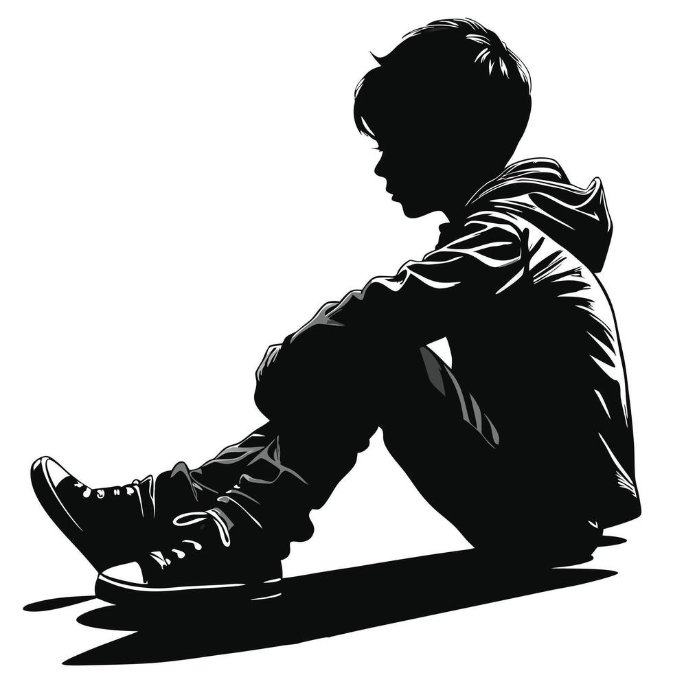 Silhouette Illustration Of A Boy Sitting Down Wearing Hoodie And Sneakers vector