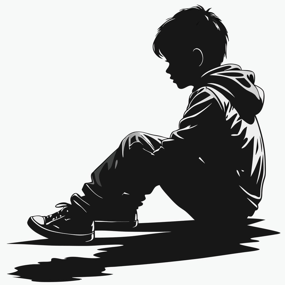 Silhouette Of A Pensive Boy Sitting Down With Hoodie And Sneakers vector