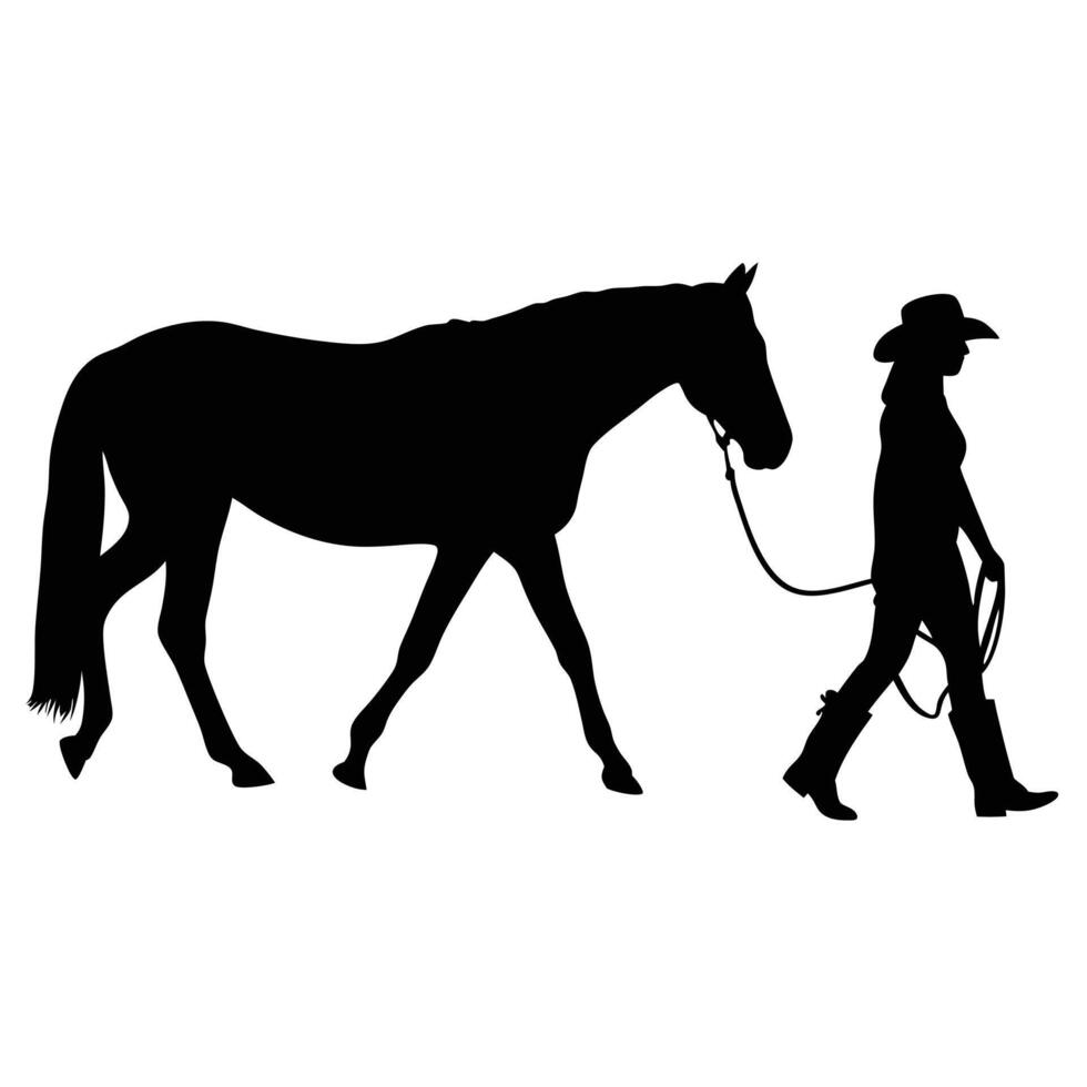 Silhouette Of Woman Leading A Horse With Hat Boots Illustration vector