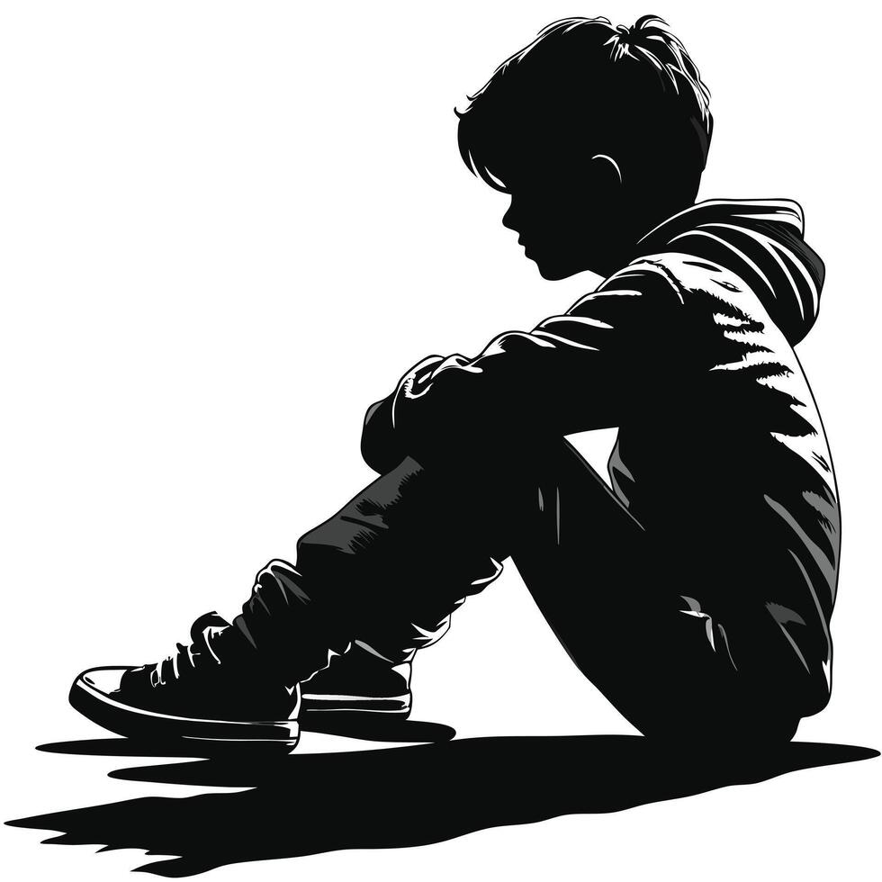 Silhouette Of A Boy Sitting Alone In Despair, Illustration On White vector