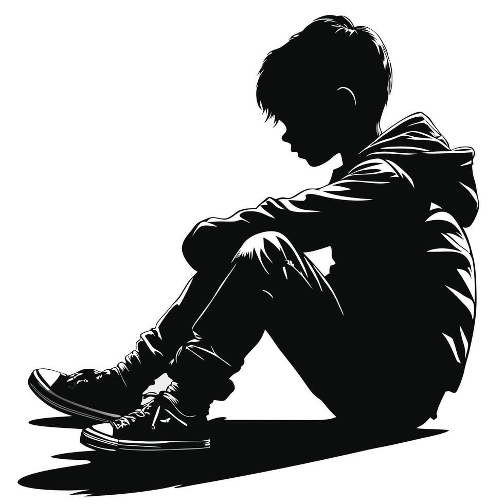 Silhouette Of A Boy Sitting Alone Feeling Sad And Depressed In Black And White vector