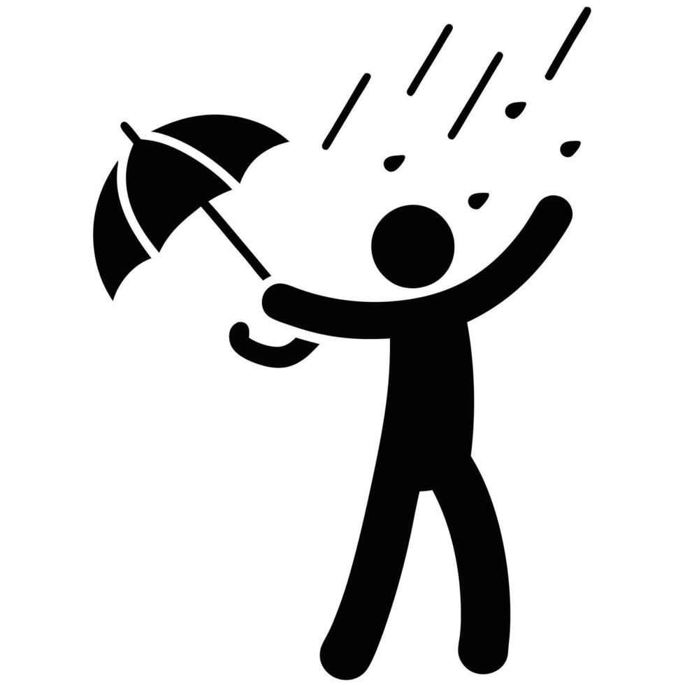 Stick Figure Man With Umbrella Joyfully Enjoying Rain Black And White vector