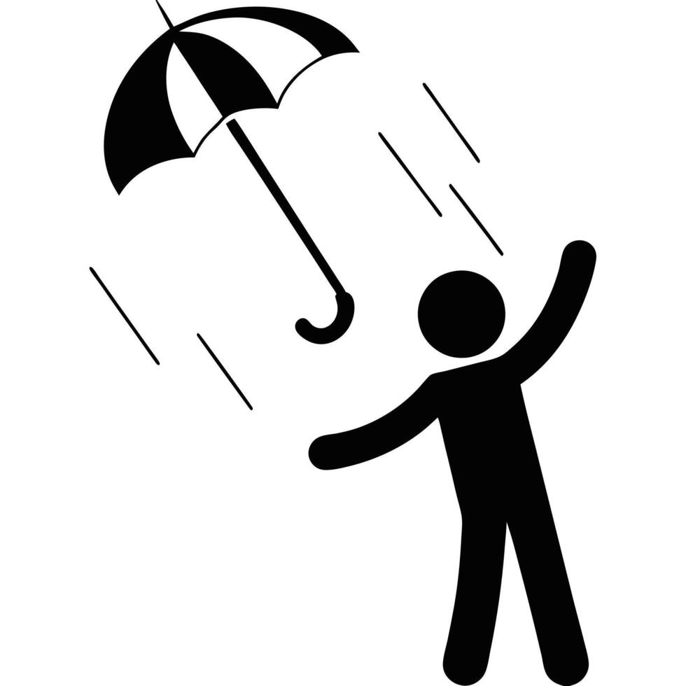 Stick Figure In Rain With Umbrella Celebrating Simple Black And White Design vector