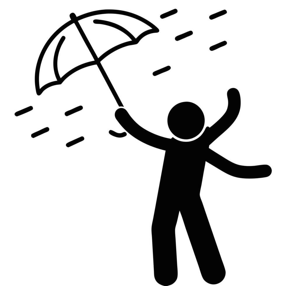 Man Holding Umbrella In Stormy Weather Black And White Icon vector