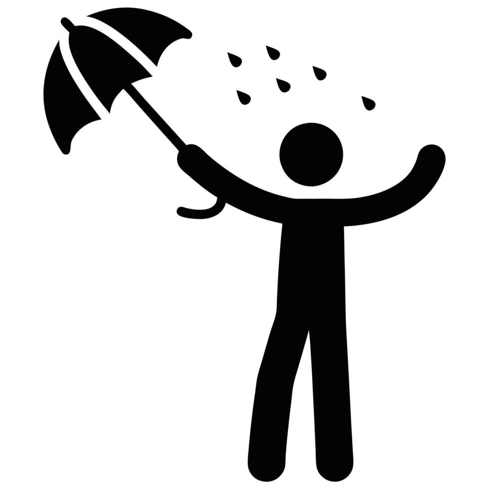 Happy Person With Umbrella Standing Under Rain In Simple Black Silhouette vector