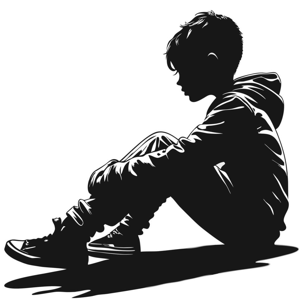 Silhouette Of A Boy Sitting In A Hoodie Feeling Sad Or Lonely vector