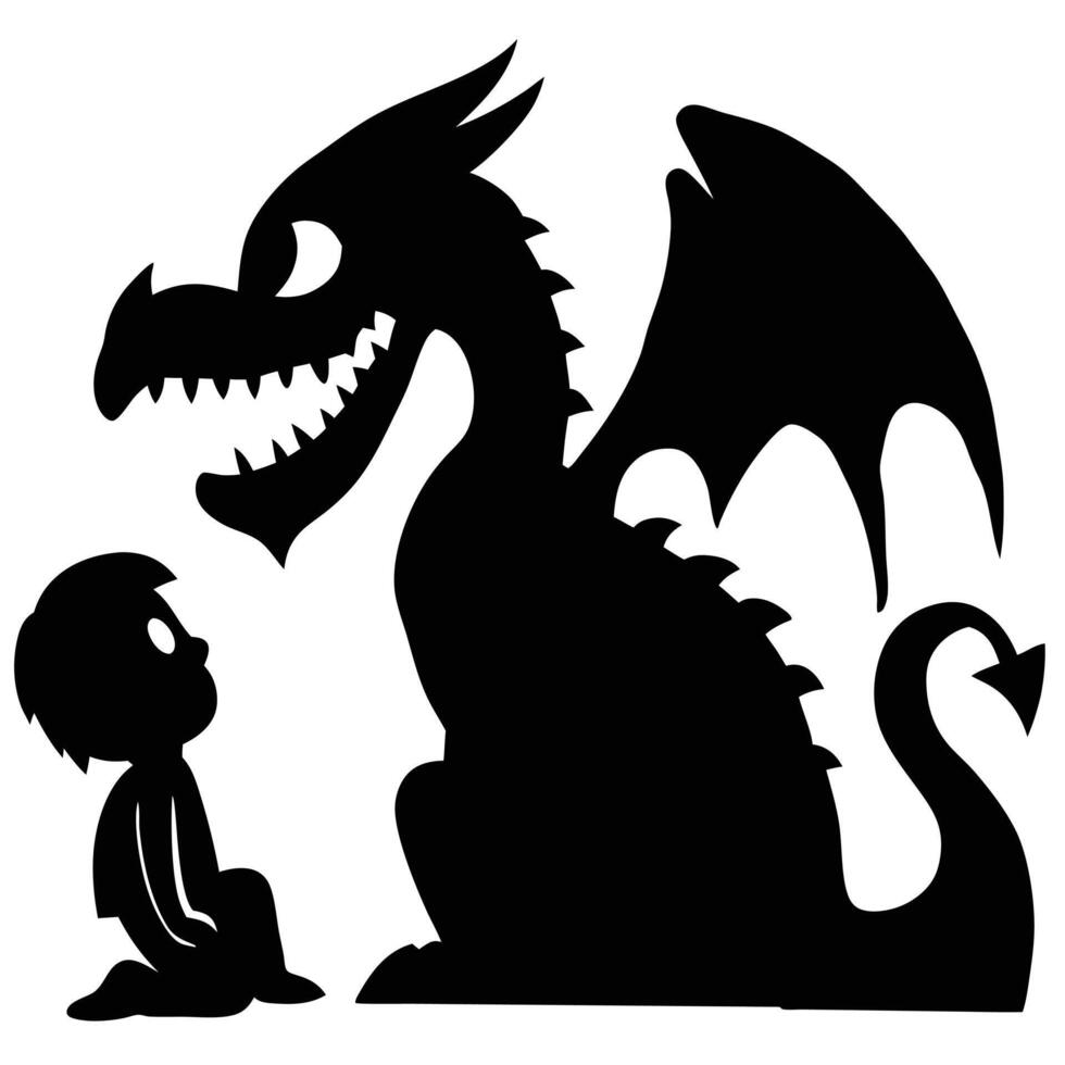 Silhouette Of Boy Gazing Up At Dragon Fantasy Illustration Black And White vector